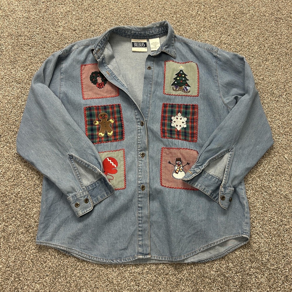 Vintage Bill Blass Shirt Womens Medium Blue Denim Christmas Patchwork Button Up